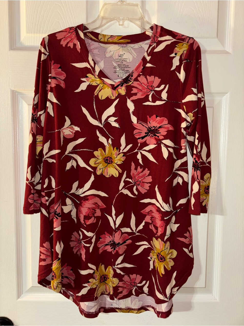 Lily Maroon Floral V-Neck Tunic with Pink & Yellow Blooms
